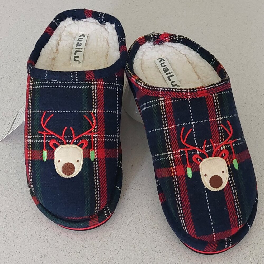 KuaiLu Plaid Holiday Reindeer Slippers Women's Size 6